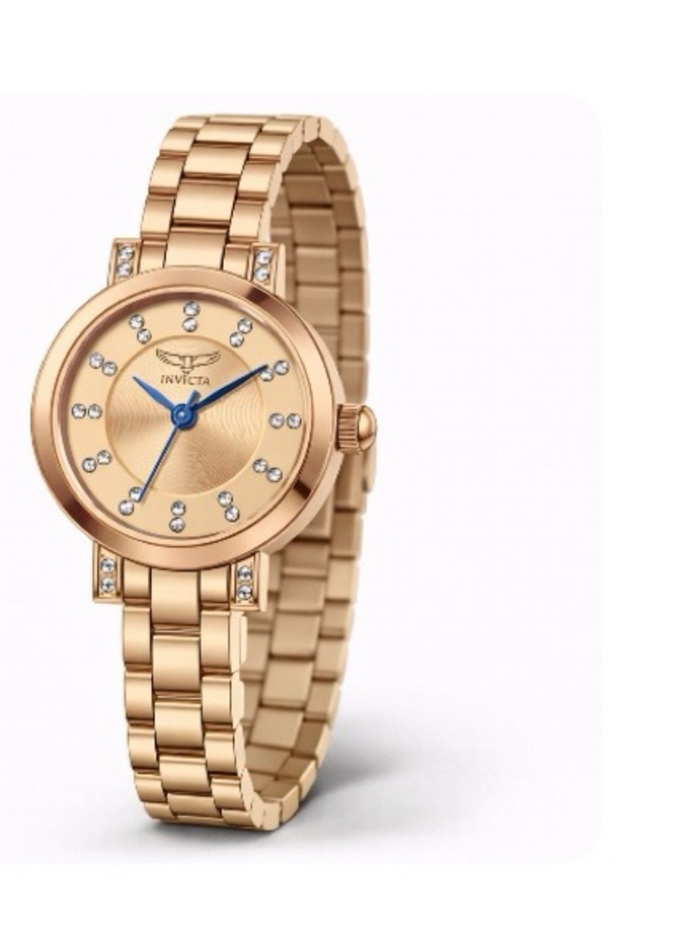 Invicta Rose Gold Tone Bracelet Watch with Blue Hands and Crystal Markers